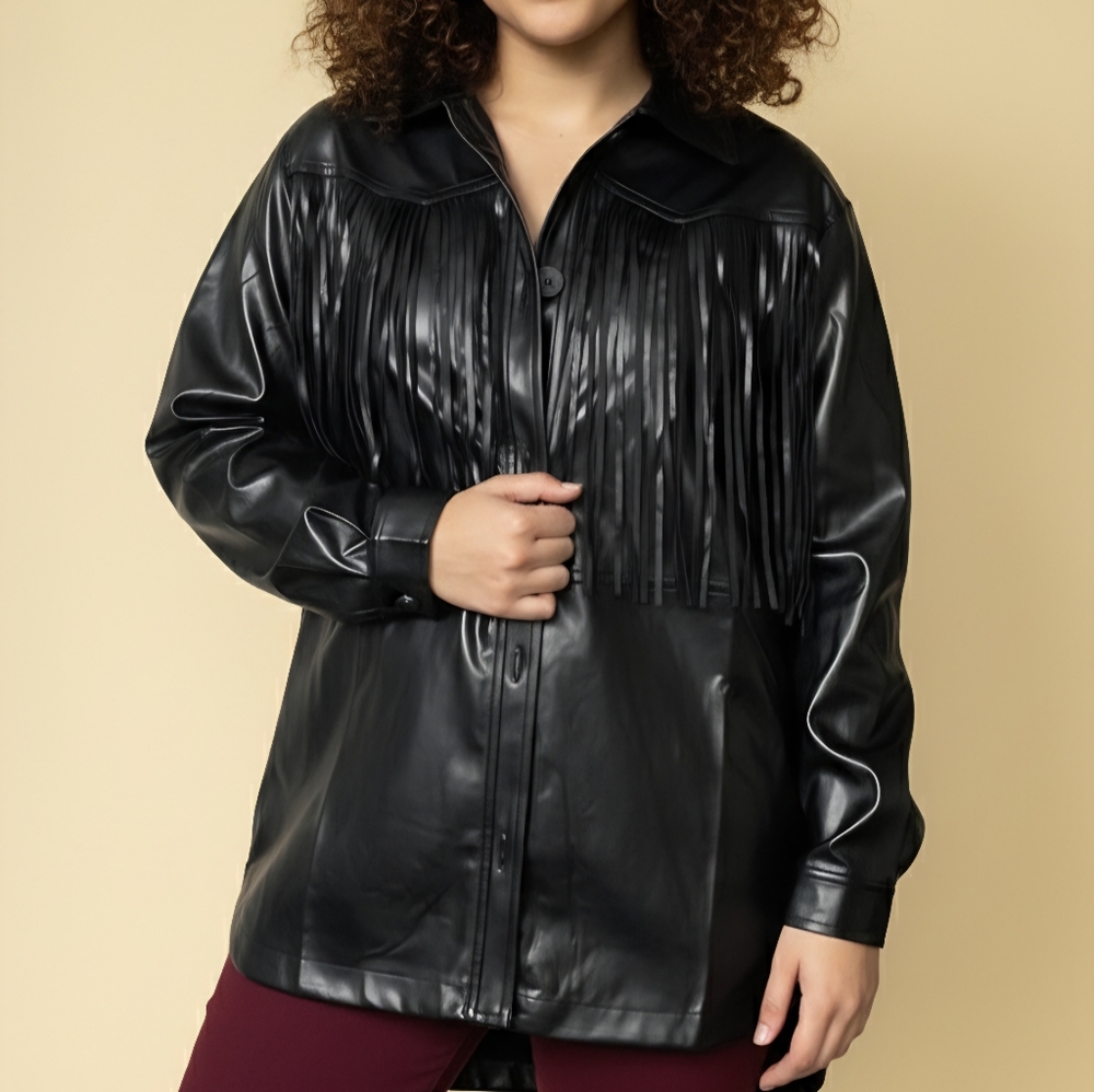 HYFVE Sleek Black Faux Leather Jacket With Fringe